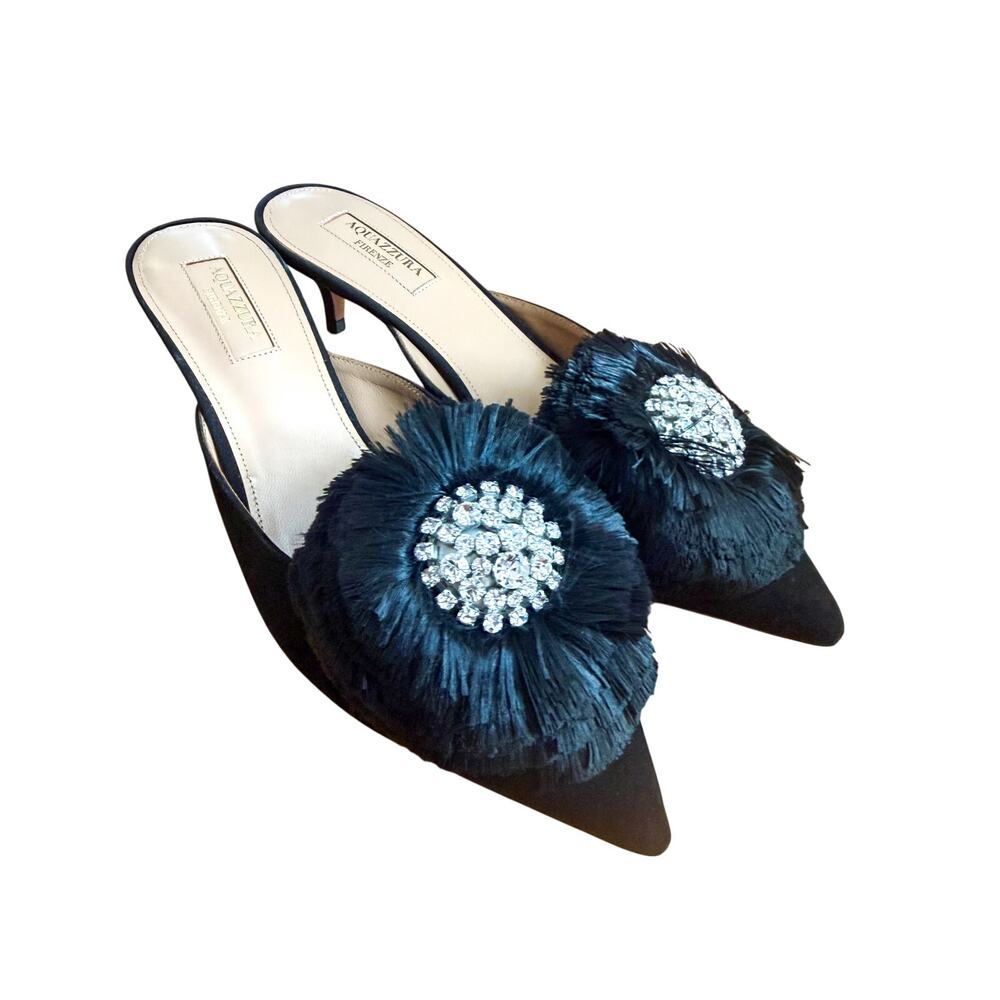 Aquazzura Crystal Lotus Suede Kitten Heel Mules size 36.5 NWOT